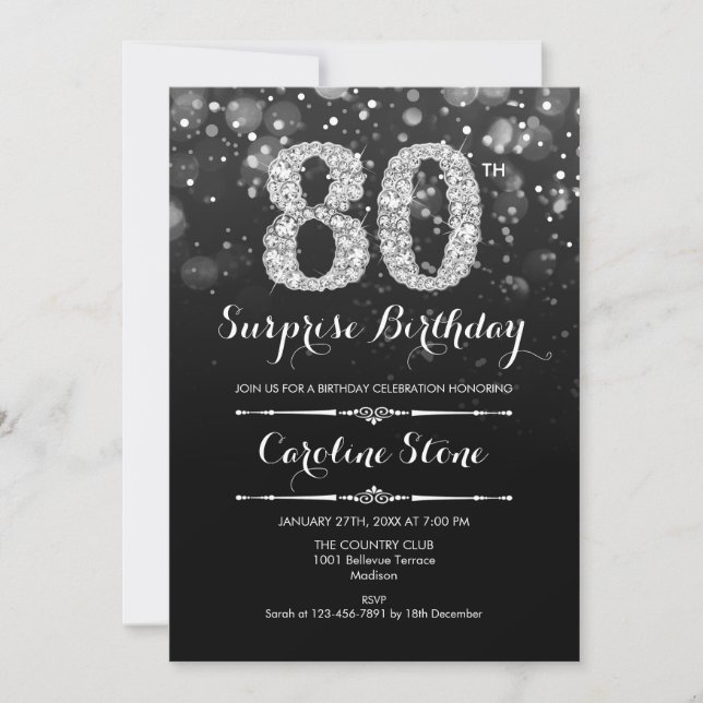 Invitación Sorpresa 80 cumpleaños - Plata negra (Anverso)
