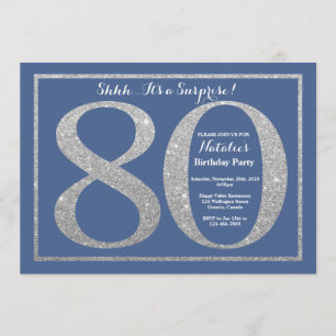 Invitación Sorpresa 80 cumpleaños Purpurina azul y plata