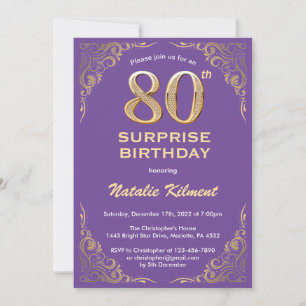 Invitación Sorpresa 80 cumpleaños Purpurina morado y oro