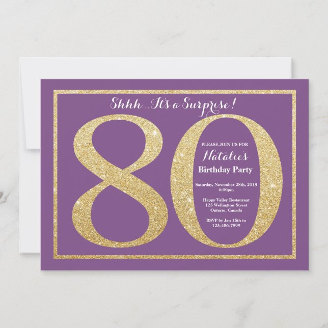 Invitación Sorpresa 80 cumpleaños Purpurina morado y oro (Anverso)
