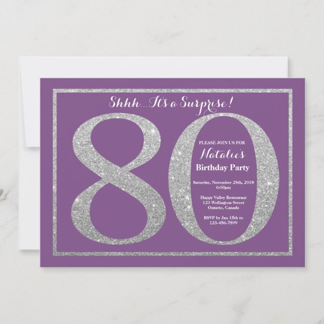 Invitación Sorpresa 80 cumpleaños Purpurina morado y plateado (Anverso)