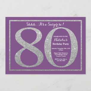 Invitación Sorpresa 80 cumpleaños Purpurina morado y plateado