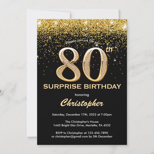 Invitación Sorpresa 80 cumpleaños Purpurina negro y oro (Anverso)