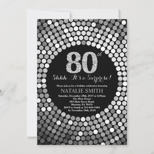Invitación Sorpresa 80 cumpleaños Purpurina negro y plateado (Anverso)