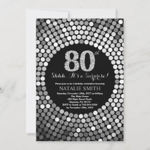 Invitación Sorpresa 80 cumpleaños Purpurina negro y plateado