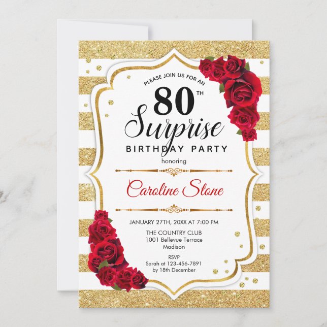 Invitación Sorpresa 80 cumpleaños - Rojo blanco dorado (Anverso)