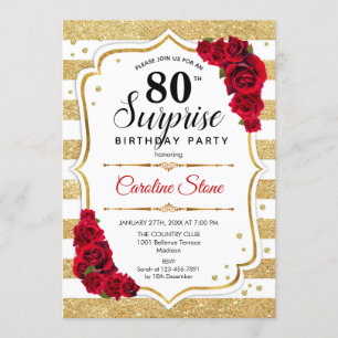 Invitación Sorpresa 80 cumpleaños - Rojo blanco dorado