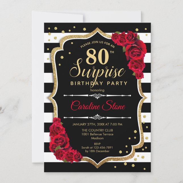 Invitación Sorpresa 80 cumpleaños - Rojo blanco negro (Anverso)
