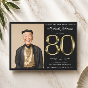 Invitación Sorpresa 80 cumpleaños texto negro dorado fiesta d