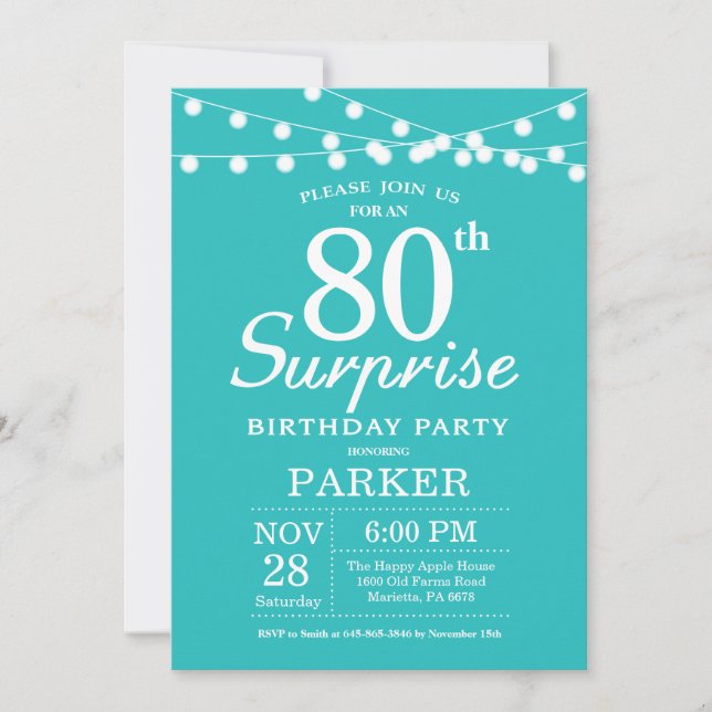 Invitación Sorpresa 80 cumpleaños Verde azulado Aqua Turquois (Anverso)