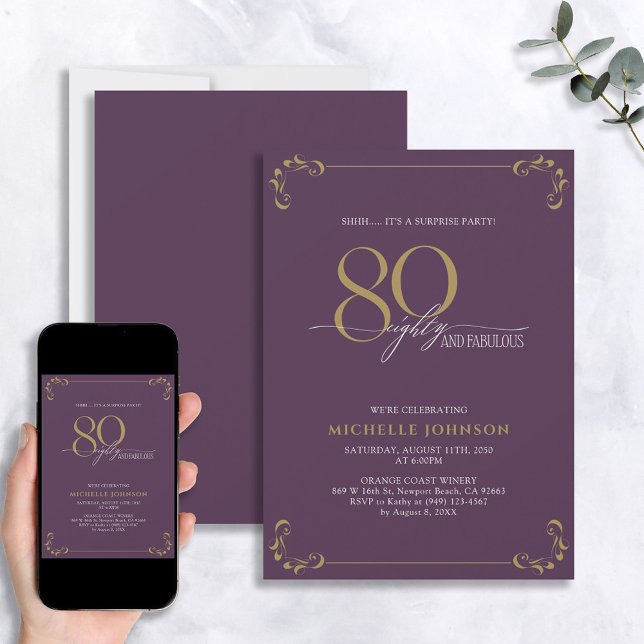 Invitación Sorpresa 80 y fabuloso cumpleaños morado y dorado (Subido por el creador)