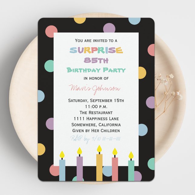 Invitación Sorpresa 85ª fiesta de cumpleaños con cinco velas (Subido por el creador)