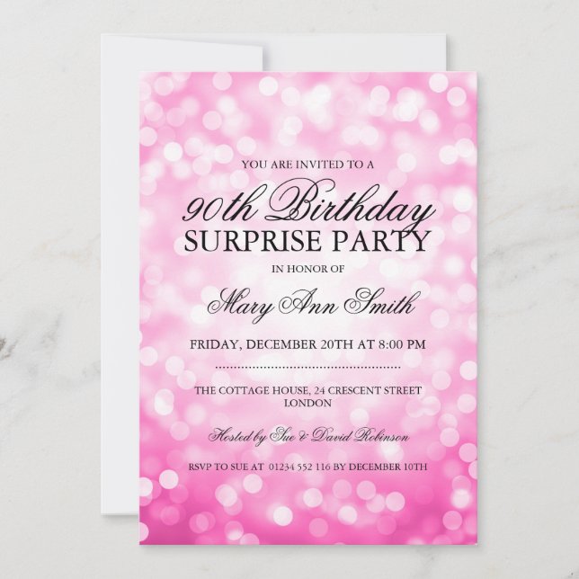 Invitación Sorpresa 90.ª fiesta de cumpleaños Purpurinas rosa (Anverso)