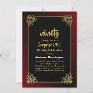 Invitación Sorpresa 90.º cumpleaños Borde oro negro
