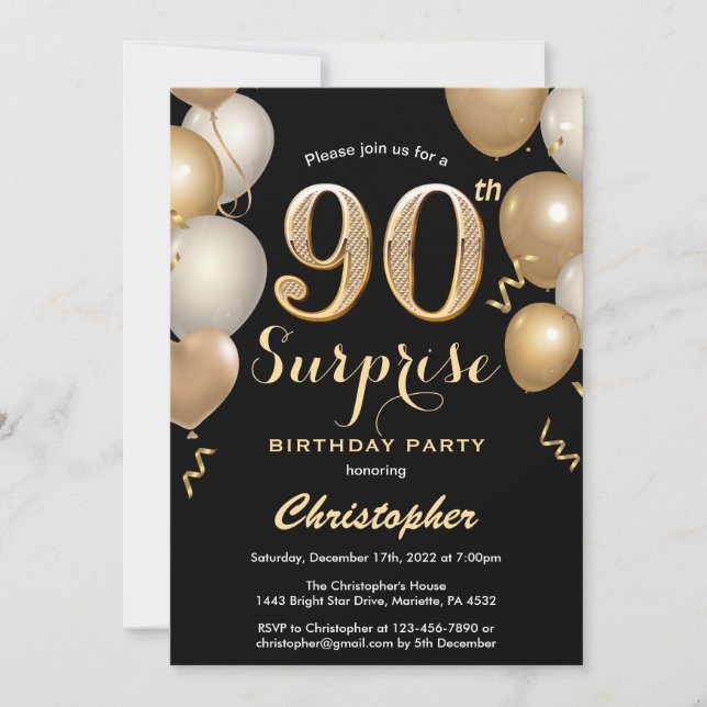 Invitación Sorpresa 90.º cumpleaños Globos de oro y negro (Anverso)