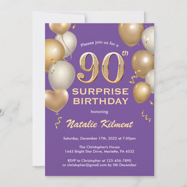 Invitación Sorpresa 90.º cumpleaños Globos morados y de oro (Anverso)