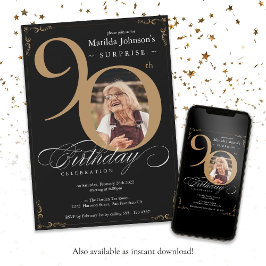 Invitación Sorpresa 90.º cumpleaños Personalizado negro de or