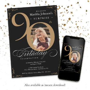 Invitación Sorpresa 90.º cumpleaños Personalizado negro de or