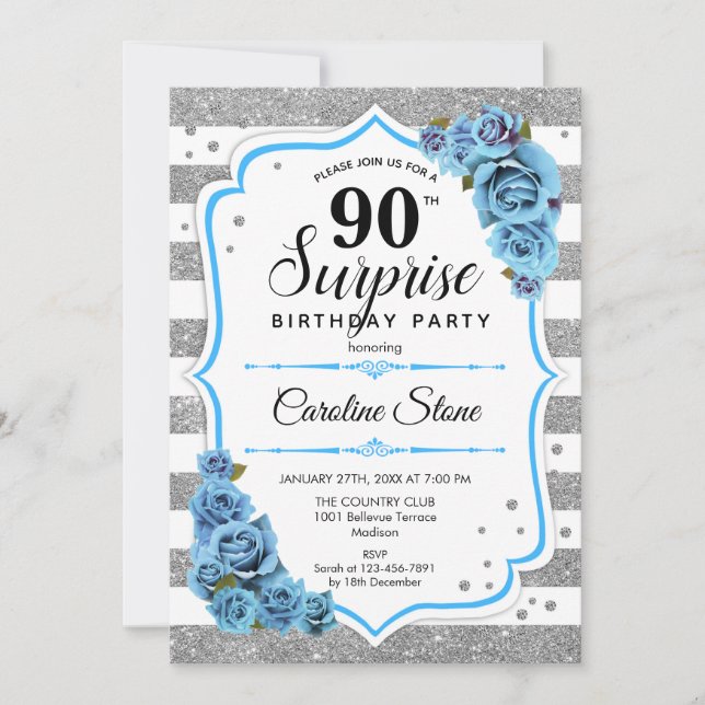Invitación Sorpresa 90 cumpleaños - Azul blanco plateado (Anverso)