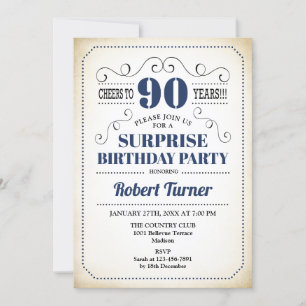 Invitación Sorpresa 90 cumpleaños - Blanco azul de la Marina