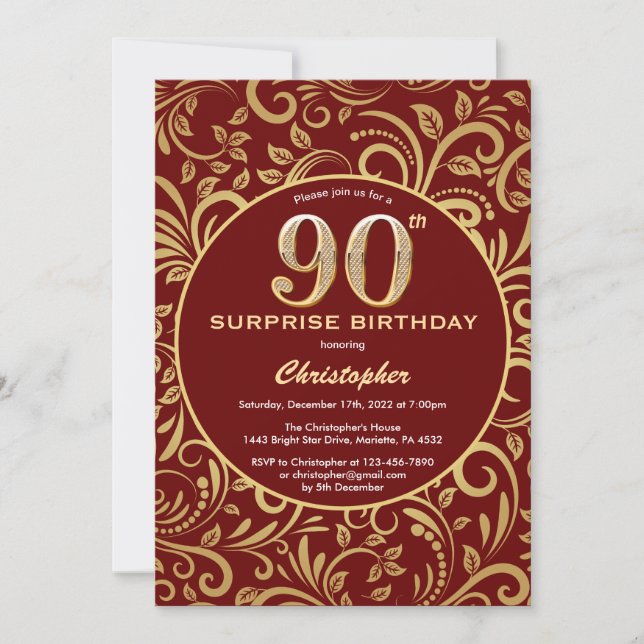 Invitación Sorpresa 90 cumpleaños Borgoña Red & Gold Floral (Anverso)