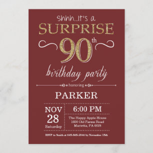 Invitación Sorpresa 90 cumpleaños Borgoña y Purpurina de oro