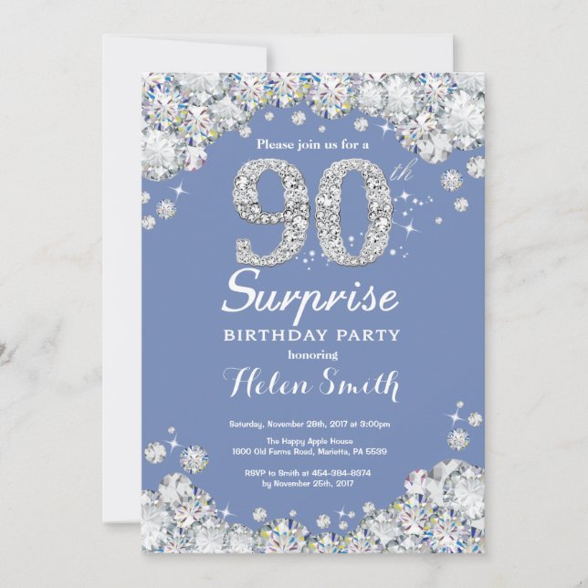 Invitación Sorpresa 90 cumpleaños Diamante Azul de Plata (Anverso)