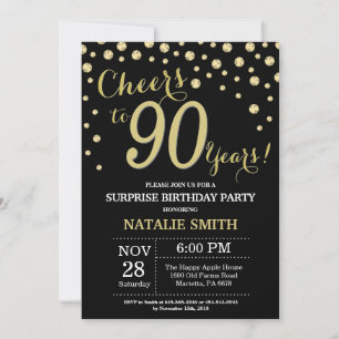Invitación Sorpresa 90 cumpleaños Diamante de oro y negro