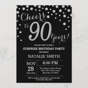 Invitación Sorpresa 90 cumpleaños Diamante negro y plateado