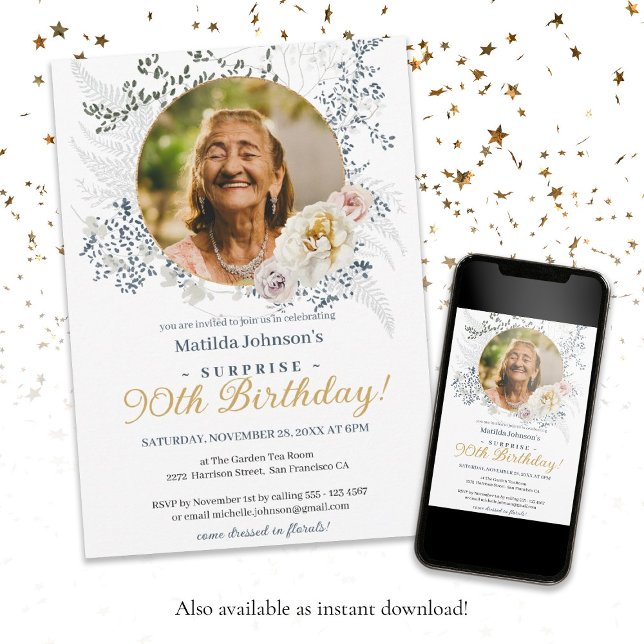 Invitación Sorpresa 90 cumpleaños elegante foto floral amaril (Surprise 90th Birthday Elegant Yellow Floral Photo Invitation)