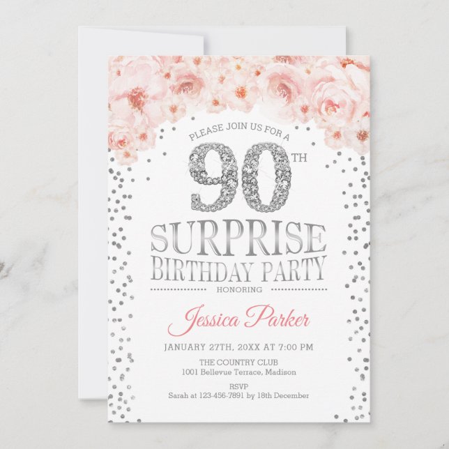 Invitación Sorpresa 90 cumpleaños fiesta - Blanco Plata Rosa (Anverso)