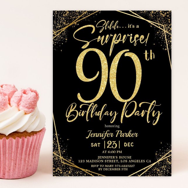 Invitación Sorpresa 90 cumpleaños fiesta de Purpurina negro y (Subido por el creador)