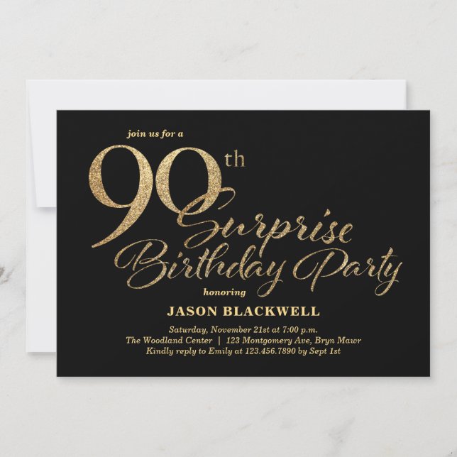Invitación Sorpresa 90 cumpleaños fiesta negro y oro (Anverso)