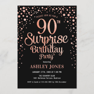 Invitación Sorpresa 90 cumpleaños fiesta - Oro negro y Rosa