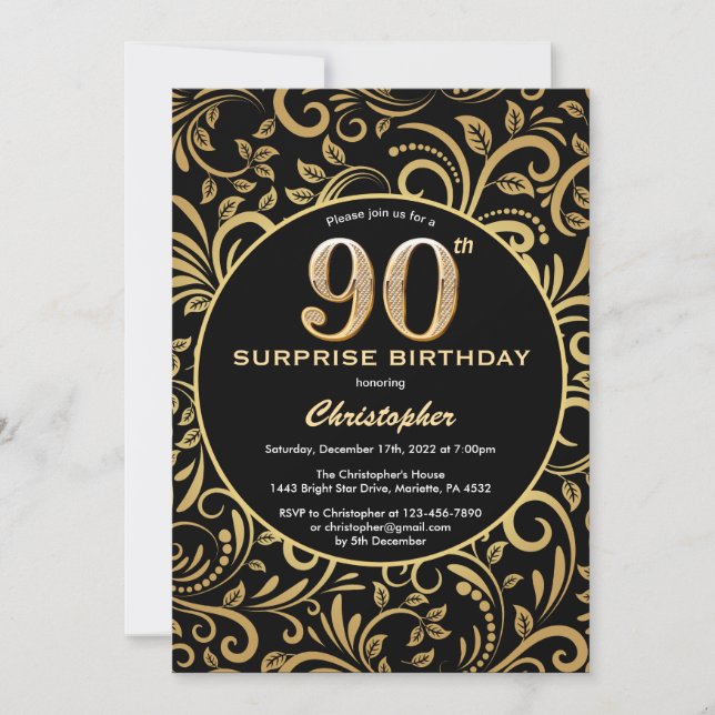 Invitación Sorpresa 90 cumpleaños Floral de oro y negro (Anverso)