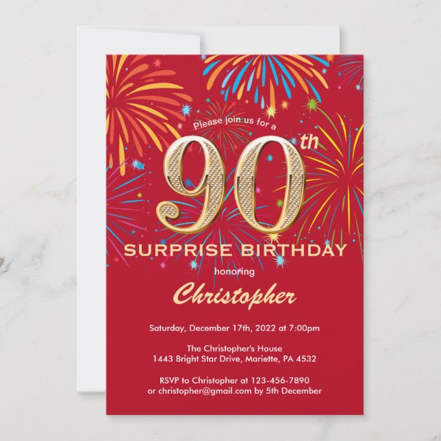 Invitación Sorpresa 90 cumpleaños Fuego de arcoiris rojo y or (Anverso)