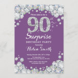 Invitación Sorpresa 90 cumpleaños morado y diamante plateado<br><div class="desc">Sorpresa 90 cumpleaños invitación. Fondo rojo de diamante Diamante de imitación morado y plateado. Elegante Bash cumpleaños. Cumpleaños de adultos. Cumpleaños de las mujeres. Cumpleaños de los hombres. Para más personalización,  haga clic en el botón "Personalizar" y utilice nuestra herramienta de diseño para modificar esta plantilla.</div>