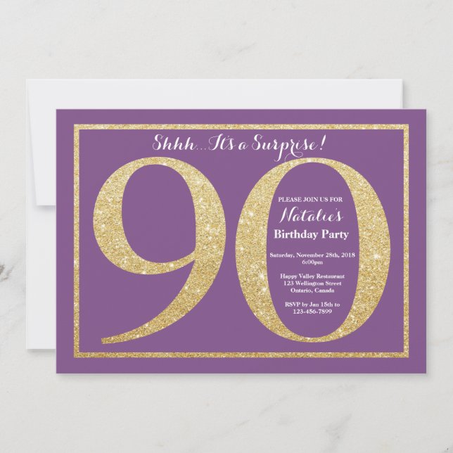 Invitación Sorpresa 90 cumpleaños morado y Purpurina de oro (Anverso)