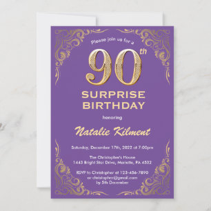 Invitación Sorpresa 90 cumpleaños Morado y Purpurina de oro