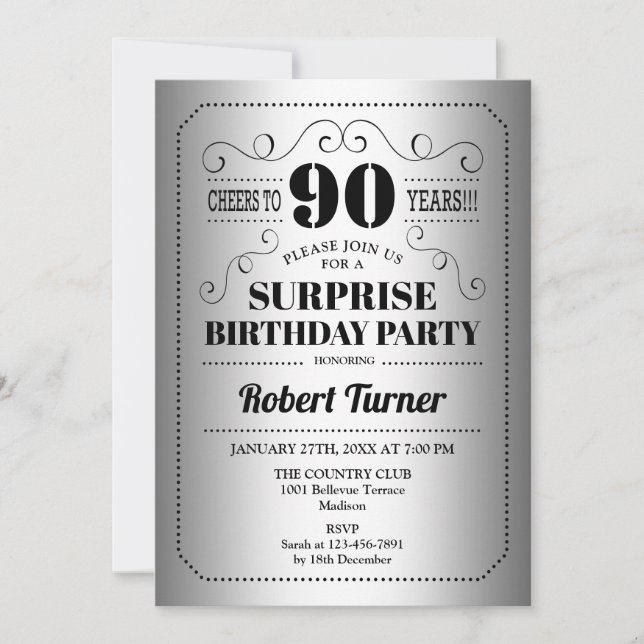 Invitación Sorpresa 90 cumpleaños - negro plateado (Anverso)