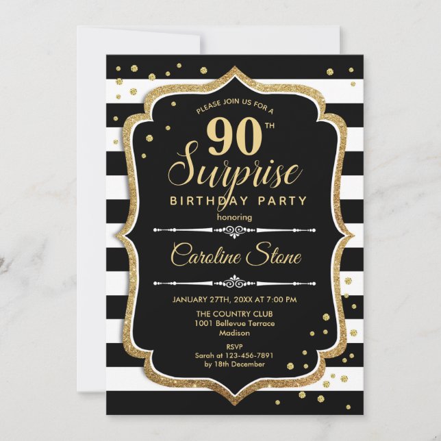 Invitación Sorpresa 90 cumpleaños - Oro blanco negro (Anverso)