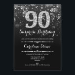Invitación Sorpresa 90 cumpleaños - Plata negra<br><div class="desc">Sorpresa Invitación a Cumpleaños 90. Elegante diseño blanco negro con una falsa plata purpurina. Cumpleaños de adultos. Presenta diamantes y tipos de letra de guión. invitaciones de cumpleaños de hombres o mujeres. Perfecto para una elegante fiesta de cumpleaños. Mándame un mensaje si necesitas más personalización.</div>