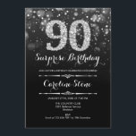 Invitación Sorpresa 90 cumpleaños - Plata negra<br><div class="desc">Sorpresa Invitación a Cumpleaños 90. Elegante diseño blanco negro con una falsa plata purpurina. Cumpleaños de adultos. Presenta diamantes y tipos de letra de guión. invitaciones de cumpleaños de hombres o mujeres. Perfecto para una elegante fiesta de cumpleaños. Mándame un mensaje si necesitas más personalización.</div>