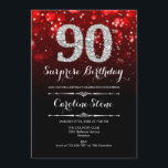 Invitación Sorpresa 90 cumpleaños - Plata roja negra<br><div class="desc">Sorpresa Invitación a Cumpleaños 90. Elegante diseño rojo negro con una falsa plata purpurina. Cumpleaños de adultos. Incluye diamantes,  luces de bokeh y fuente de guiones. Invitación de cumpleaños de hombres o mujeres. Perfecto para una elegante fiesta de cumpleaños. Mándame un mensaje si necesitas más personalización.</div>