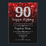 Invitación Sorpresa 90 cumpleaños - Plata roja negra<br><div class="desc">Sorpresa Invitación a Cumpleaños 90. Elegante diseño rojo negro con una falsa plata purpurina. Cumpleaños de adultos. Incluye diamantes,  luces de bokeh y fuente de guiones. Invitación de cumpleaños de hombres o mujeres. Perfecto para una elegante fiesta de cumpleaños. Mándame un mensaje si necesitas más personalización.</div>