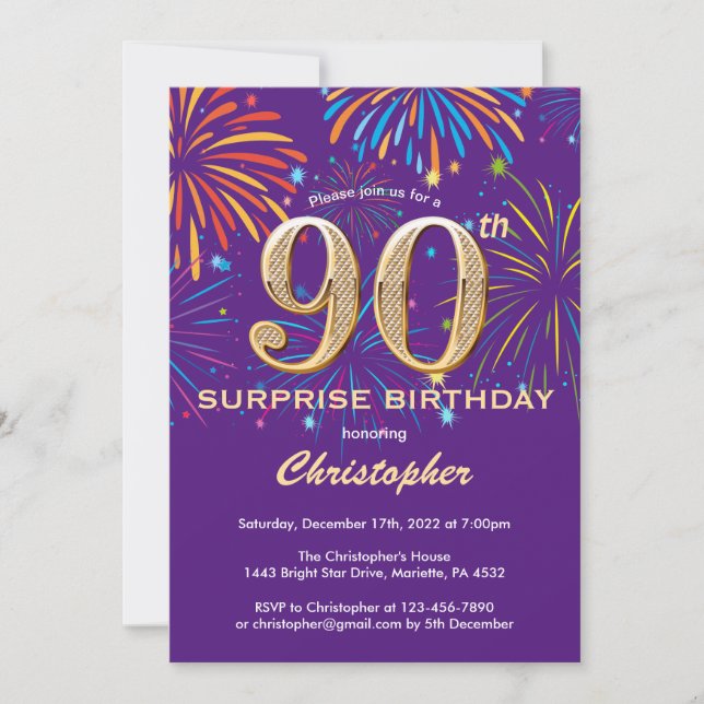 Invitación Sorpresa 90 cumpleaños Purple y Gold Firework (Anverso)