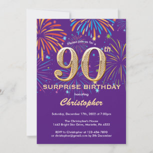 Invitación Sorpresa 90 cumpleaños Purple y Gold Firework