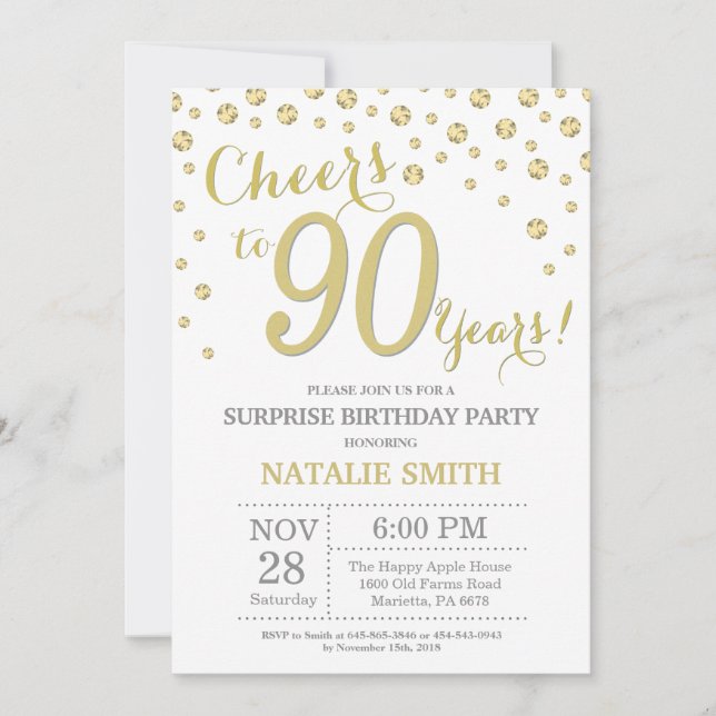 Invitación Sorpresa 90 cumpleaños Purpurina de oro Diamante (Anverso)