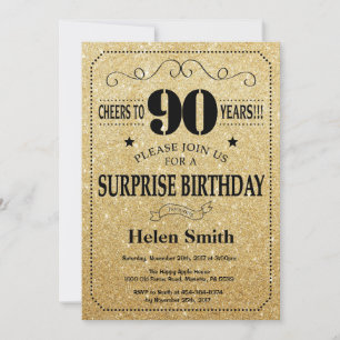 Invitación Sorpresa 90 cumpleaños Purpurina negro y oro