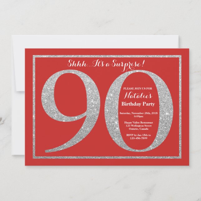 Invitación Sorpresa 90 cumpleaños Purpurina rojo y plateado (Anverso)